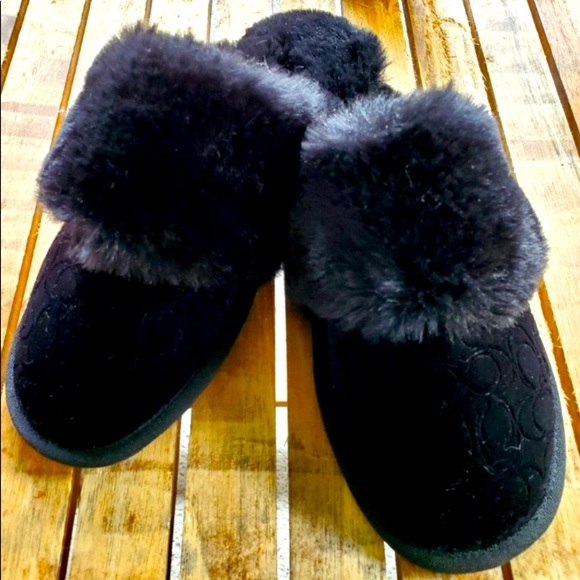 Coach Shoes - COACH Velvet and Faux Fur CC Logo Gorgeous BLACK SLIDES SHOES SLIPPERS Size 6